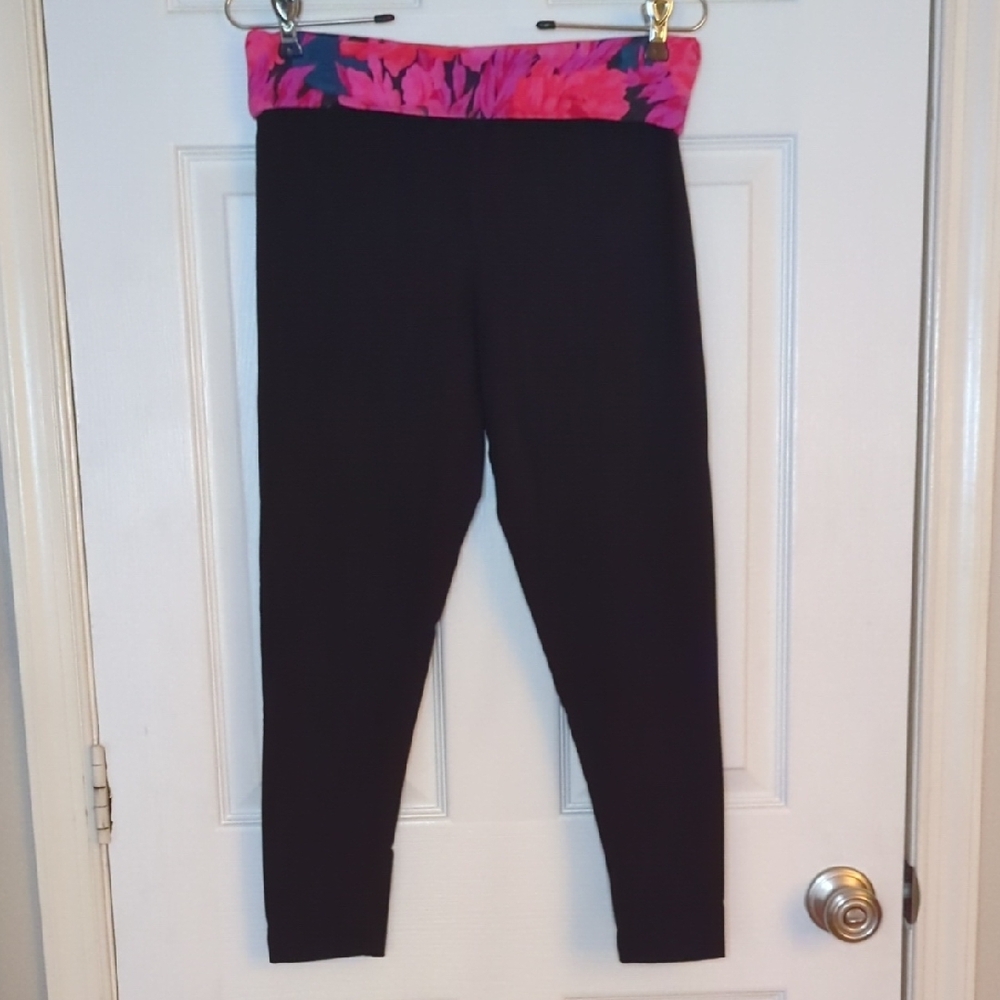 Victoria's Secret Black Yoga Leggings with Pink Floral Waistband